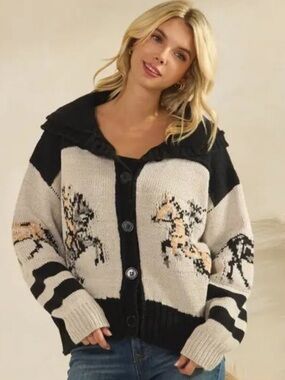 NWOT Veveret Horse Cardigan Black & Tan Size Medium